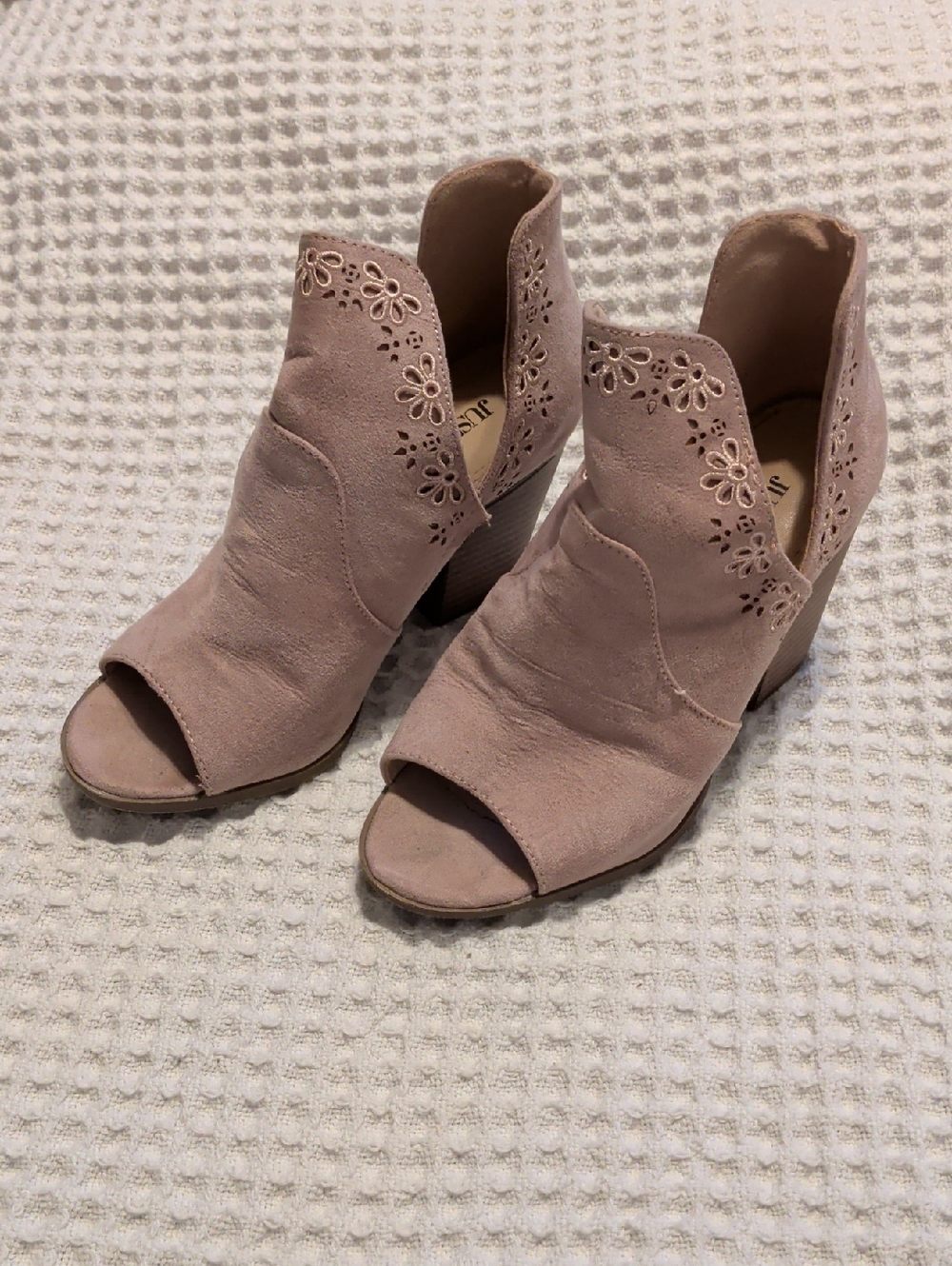 JustFab Blush Suede Peep-Toe Ankle Booties with Laser-Cut Floral